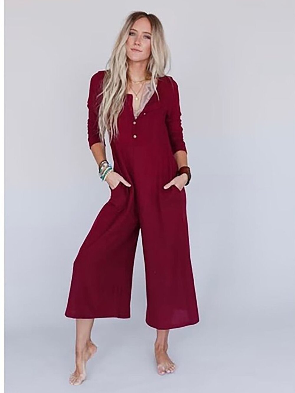 Three Bird Nest Burgundy Wide Leg Jumpsuit Medium Boho Knit Lounge Pockets
